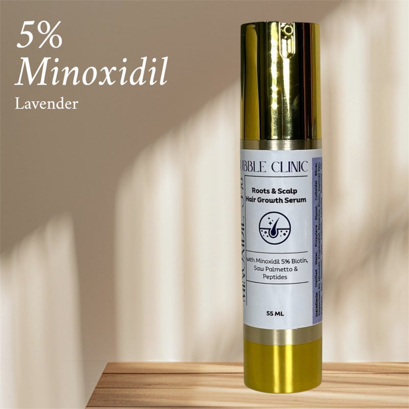 Gold bottle of 5% minoxidil serum with biotin, peptides and saw palmetto
