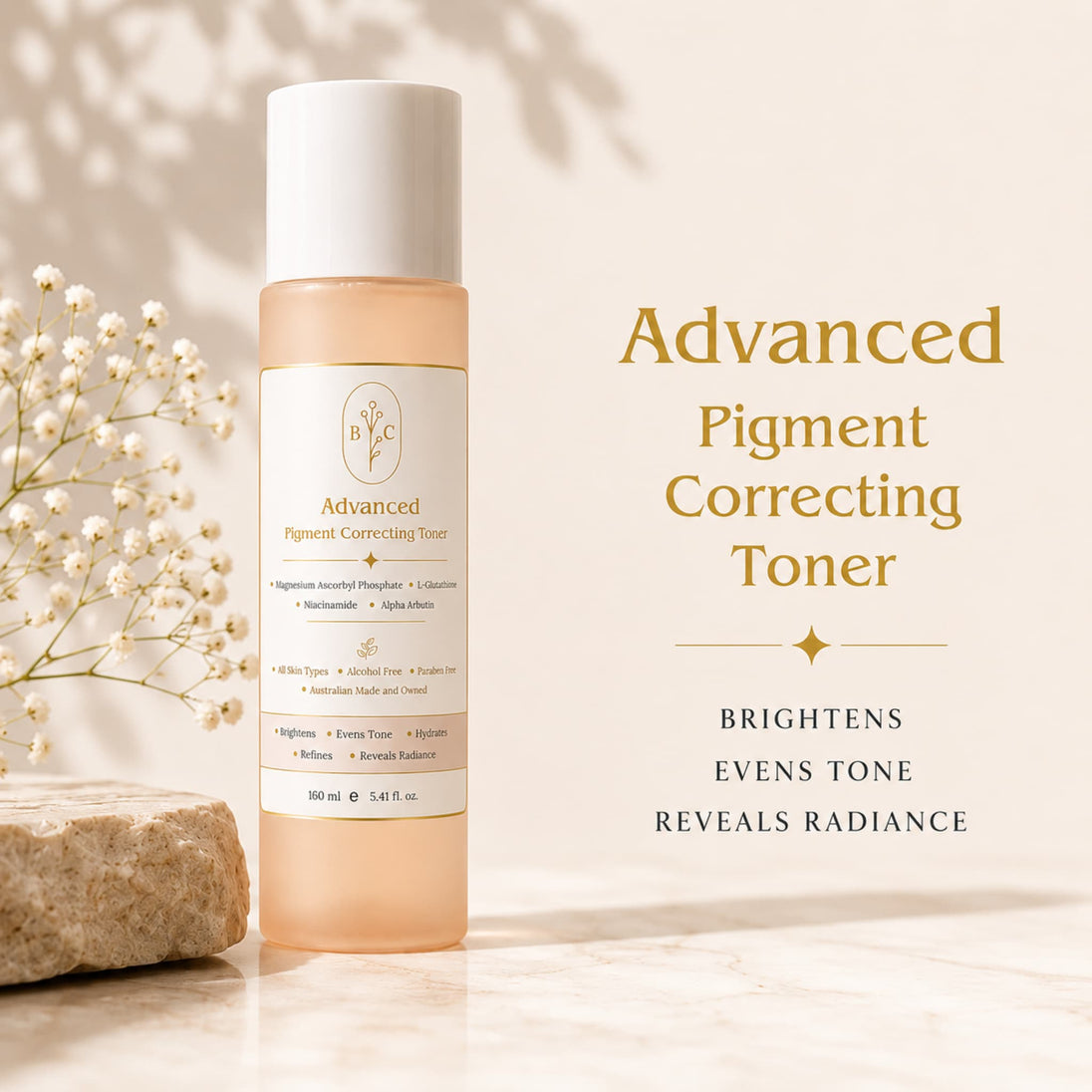Advanced Brightening Toner with Niacinamide, Alpha Arbutin and Vitamin C by Bubble Clinic in a luxury frosted bottle for radiant, hydrated skin.