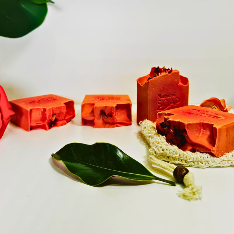 Four Himalayan Rhubarb Botanical Soap bars with lavender, jasmine and rose essential oil styling