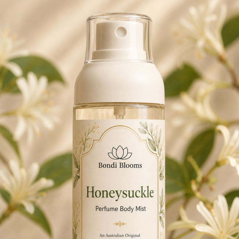 Close-up of Bondi Blooms Honeysuckle Perfume Body Mist decorative botanical label
