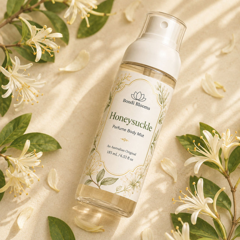 Sweet Japanese Honeysuckle Body Mist flat lay with white flowers, petals and soft botanical styling