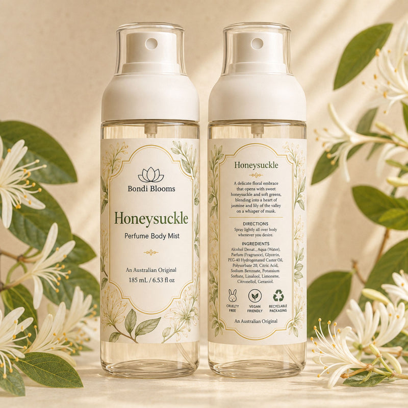 Front and back view of Bondi Blooms Japanese Honeysuckle Perfume Body Mist 185 mL
