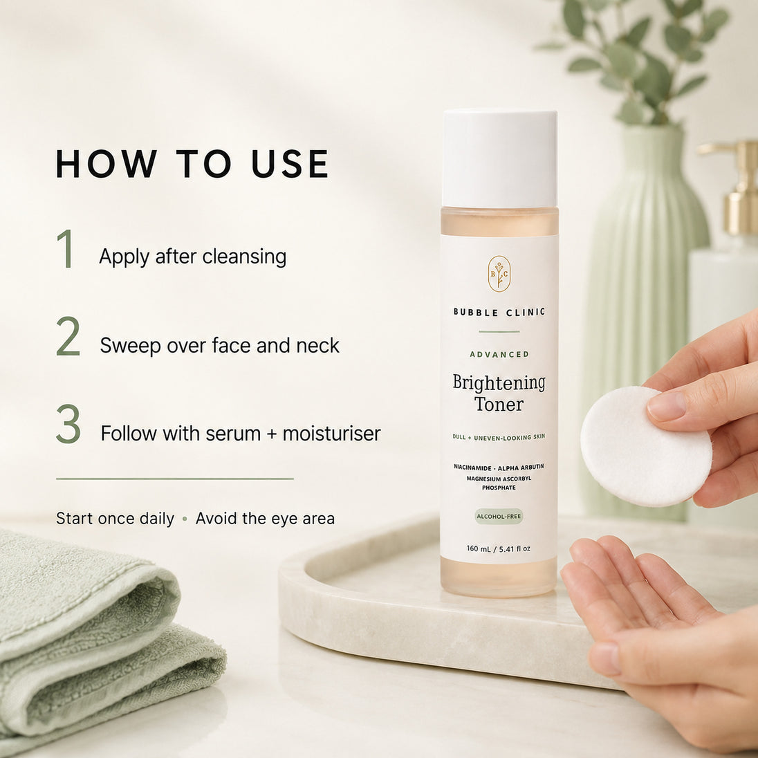 A bottle of Bubble Clinic Advanced Brightening Toner stands on a white tray beside a hand holding a cotton pad, with overlaid usage steps on a soft bathroom-style background.