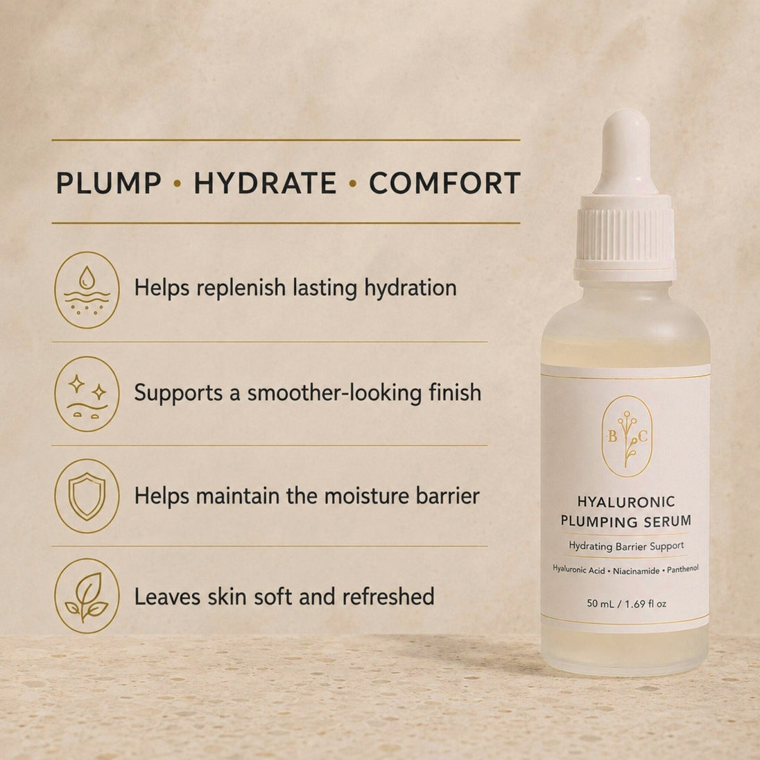 Benefits of Bubble Clinic Hyaluronic Plumping Serum for hydrated, soft and smoother-looking skin.