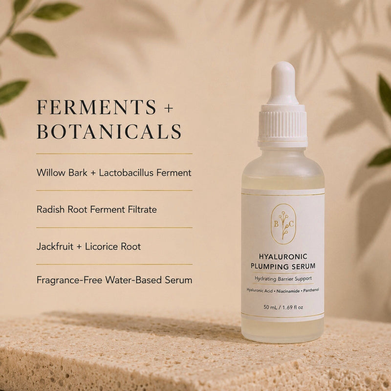 Hyaluronic Plumping Serum with willow bark, lactobacillus ferment, radish root ferment, jackfruit and licorice.