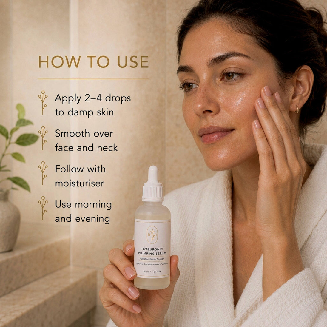 How to use Bubble Clinic Hyaluronic Plumping Serum on damp skin before moisturiser.