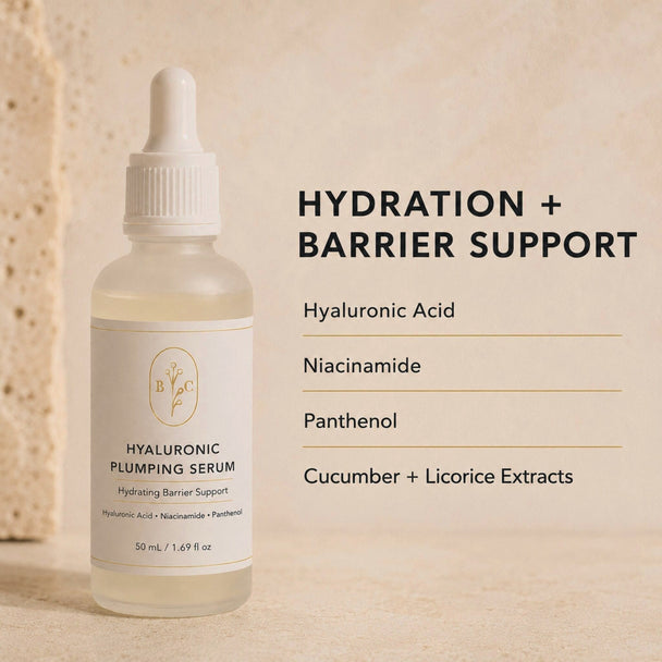 Close up of Hyaluronic Plumping Serum wsith listed ingredients: hyaluronic acid, niacinamide, panthenol, cucumber and licorice extracts.