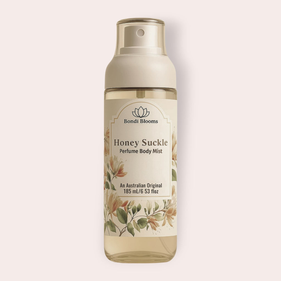 Fine spray mist bottle of Japanese Honey Suckle perfume body mist bottle on a light beige background representing luxury long lasting perfume fragrance mists for body and hair. 