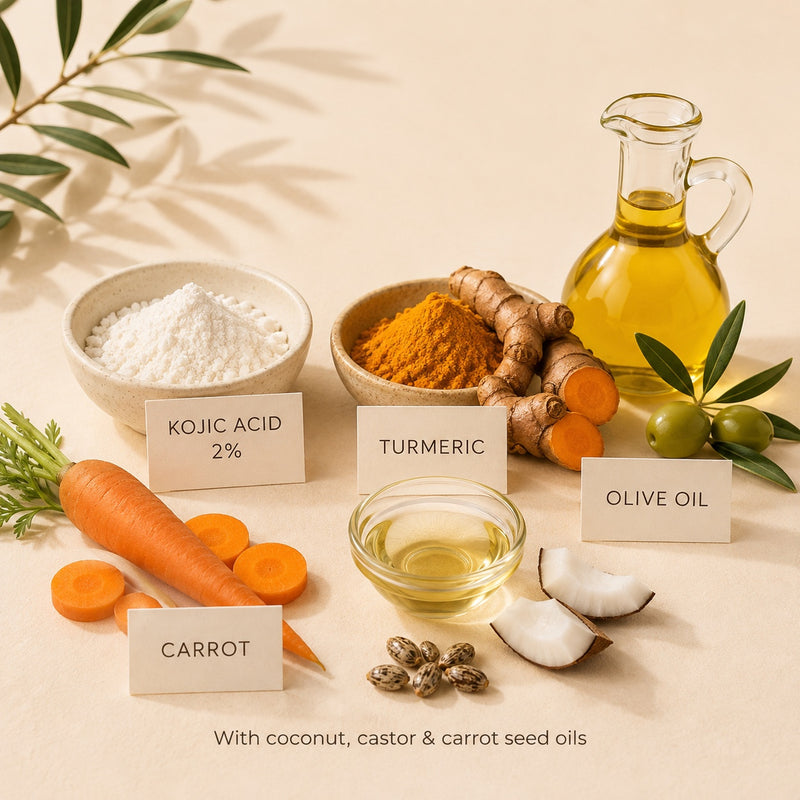 Kojic acid 2%, turmeric, carrot and olive oil hero ingredients for jumbo brightening soap