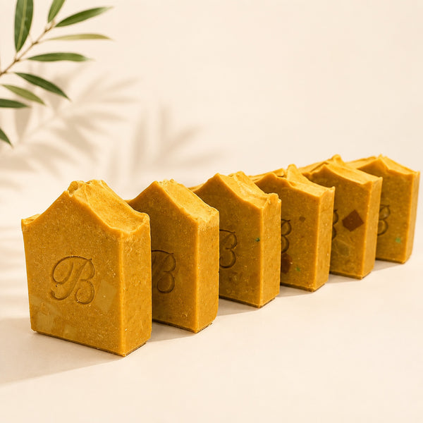 Jumbo kojic acid turmeric artisan soap bars in a handmade line-up