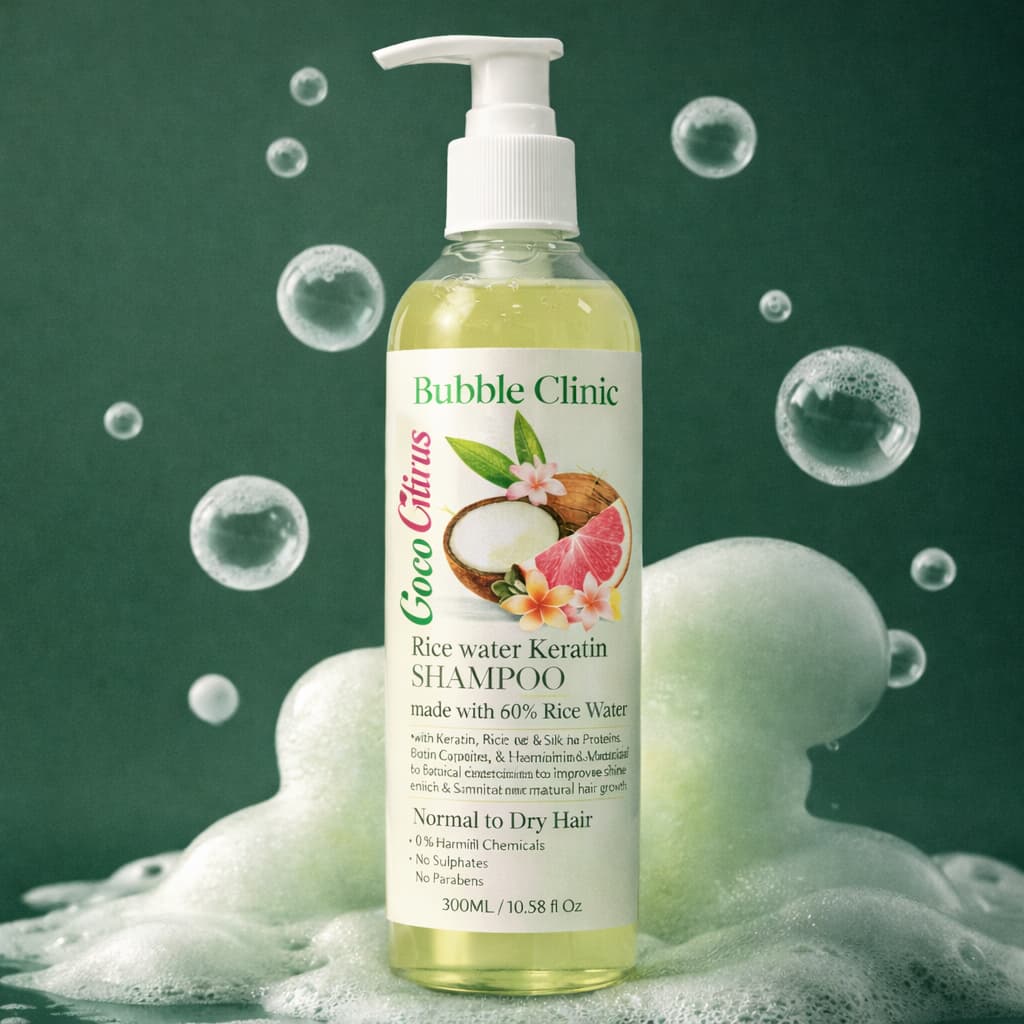 Bottle of Bubble Clinic rice water and keratin  shampoo for dry, damaged and chemically treated hair with bubbles and a green background representing best Australian Sulfate free haircare