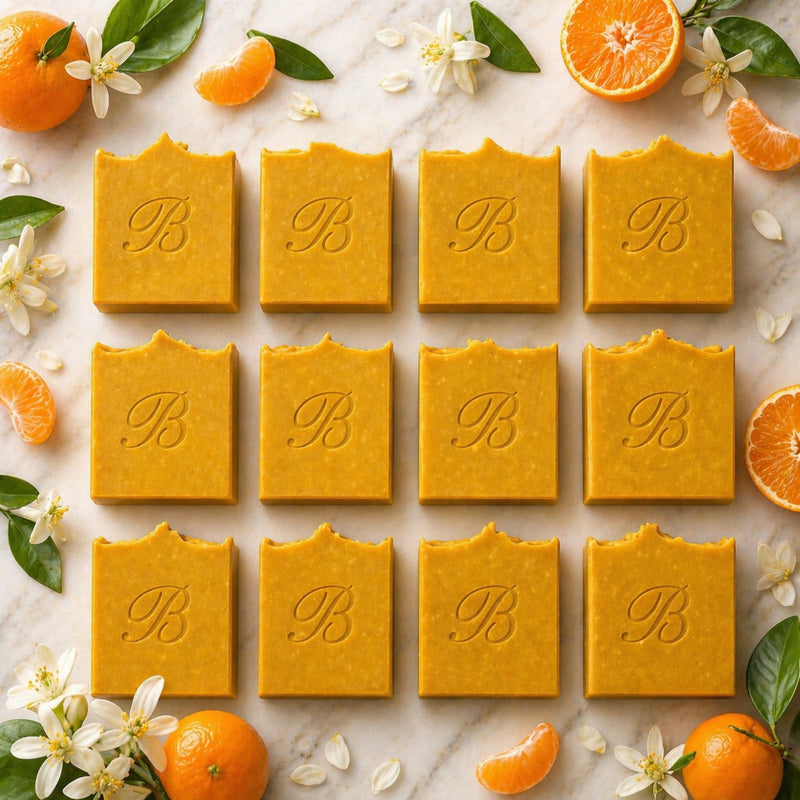 Turmeric and kojic acid soap bars with 'B' logo surrounded by oranges and flowers on a marble surface
