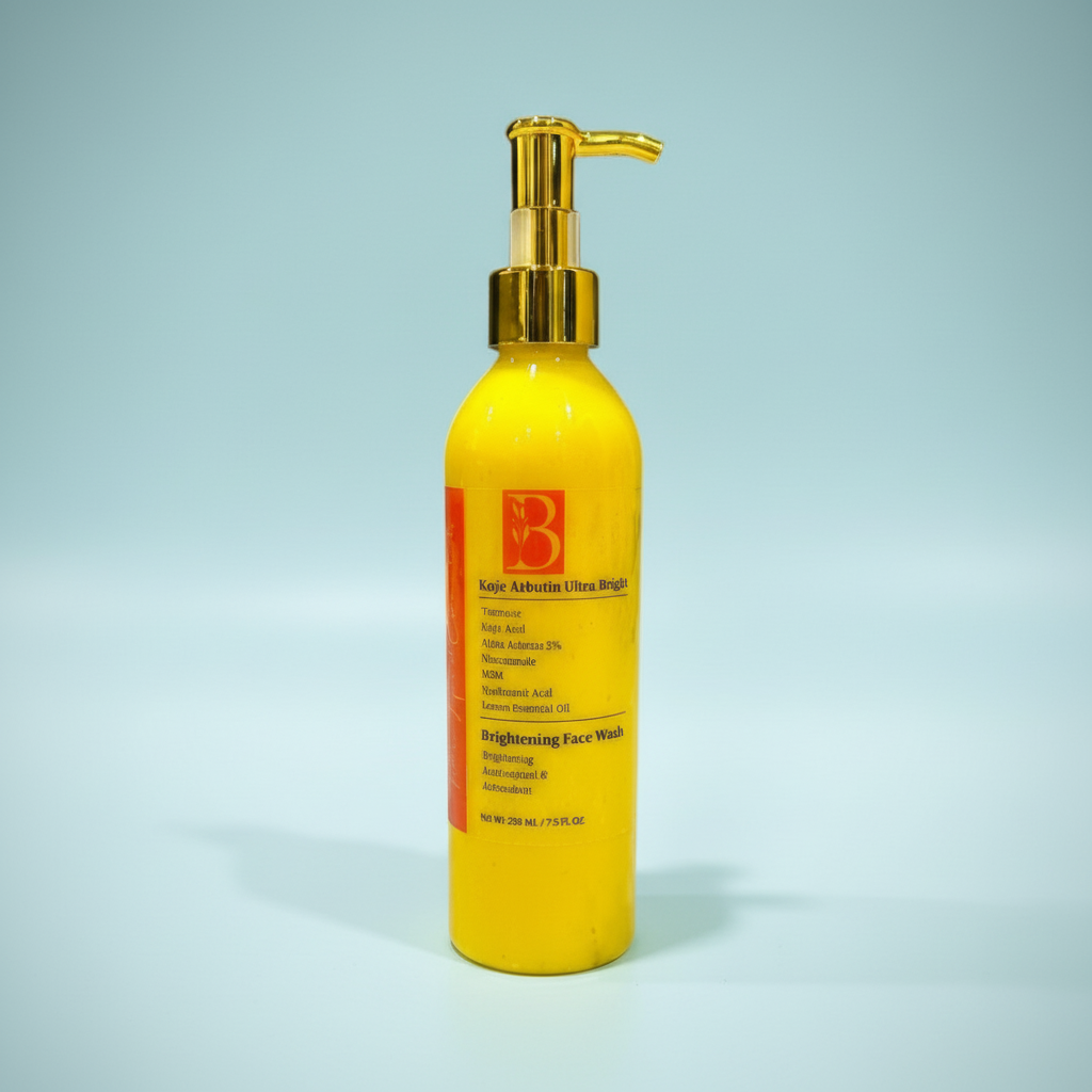 clear bottle with gold pump of turmeric, kojic acid and alpha arbutin cleanser revealin bright yellow hue and strength of the turmeric inclusion in the brightening cleanser, Australian made brightening skincare.