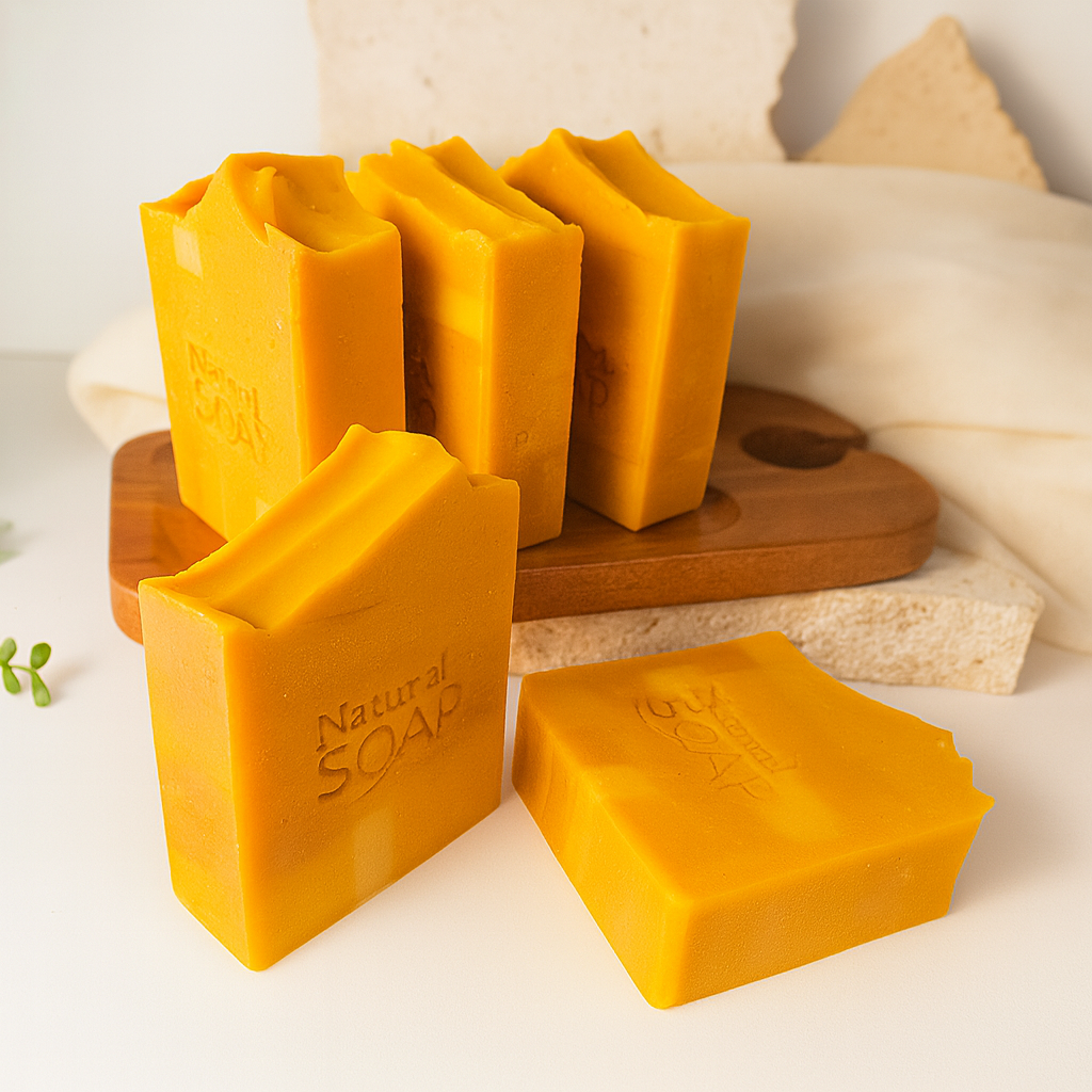 Bright Yellow bars of turmeric and kojic acid soap on a wooden soap dish with a neutral background representing best Australian brightening skincare