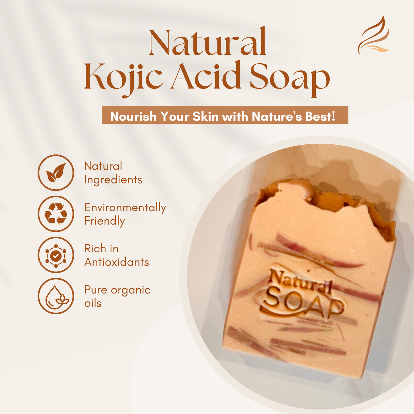 Kojic Acid brightening soap with headline natural kojic acid soap and list of highlightss; natural ingredients, environmentally friendly, pure organic oils.