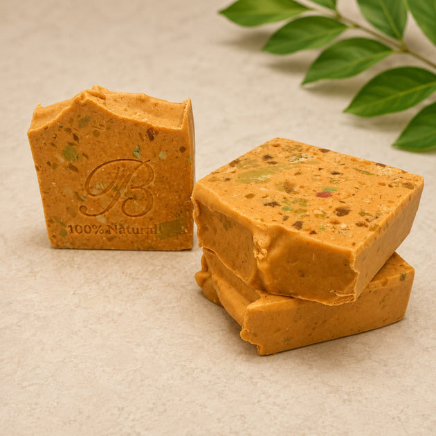 Three square bars of handmade turmeric soap with visible botanical inclusions, arranged on a light beige textured surface with a green leafy sprig in the background. One bar is embossed with a large 'B' and '100% Natural'.