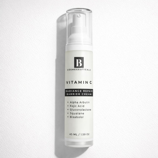 Skincare bottle labeled 'Vitamin C Radiance Repair Barrier Cream' with brightening actives alpha arbutin, koic acid, gluconolactone and soothing squalane and bisabolol ona white background representing best clean beauty Australian skincare.