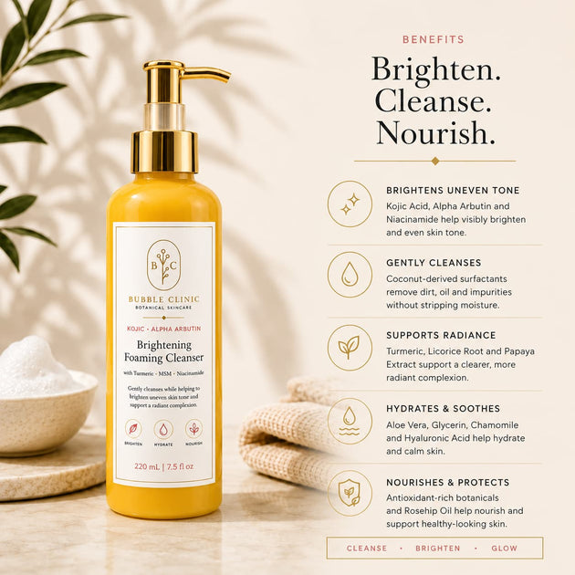 Bubble Clinic Brightening Face Wash benefits infographic featuring Kojic Acid, Turmeric, alpha arbutin and Niacinamide for brighter, hydrated and healthy-looking skin.