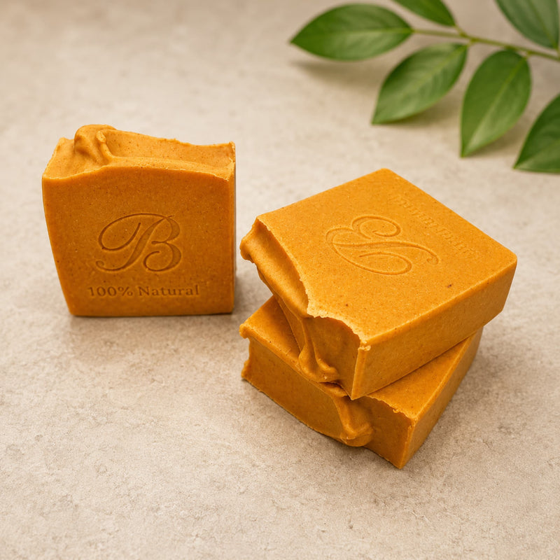 Three turmeric and kojic acid soap bars  with embossed monogram logos, arranged on a light stone surface with a green leaf sprig in the background.