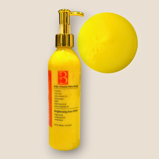 transluscent bottle of turmeric, kojic acid cleanser with alpha arbutin for natural skin brightening and acne scar removal, revealing bright yellow hue of the cleanser representing natural australian skincare for brighter skin.