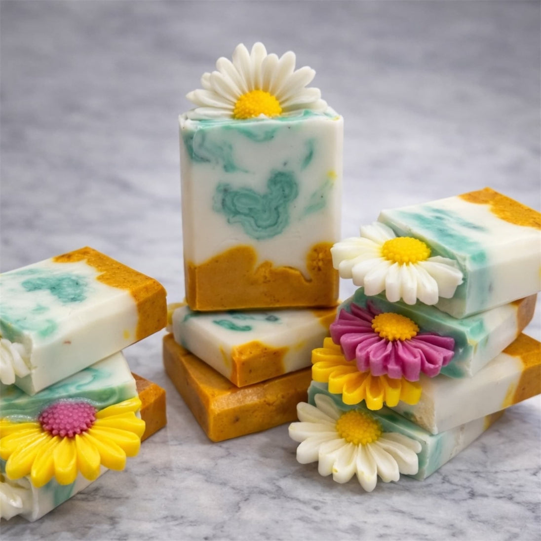 Close up of natural kojic acid turmeric soap bar showing creamy glycerin texture – brightening soap for dark spots and dull skin on marble surface.