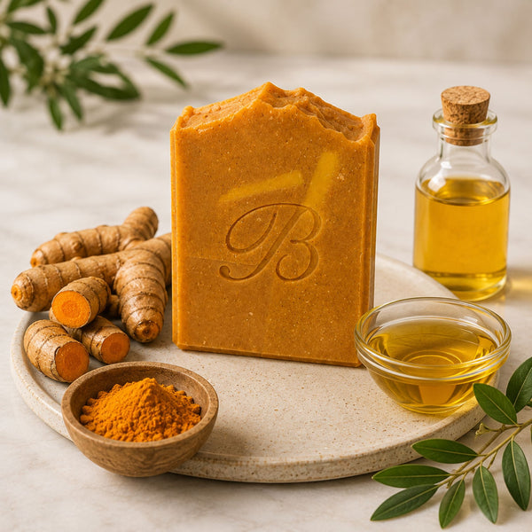 A rectangular bar of orange-turmeric and kojic acid soap with an embossed script 'B' stands on a round stone tray, surrounded by turmeric roots, a small bowl of turmeric powder, a glass bottle of turmeric oil, and a small dish of oil, with green leaves in the background.