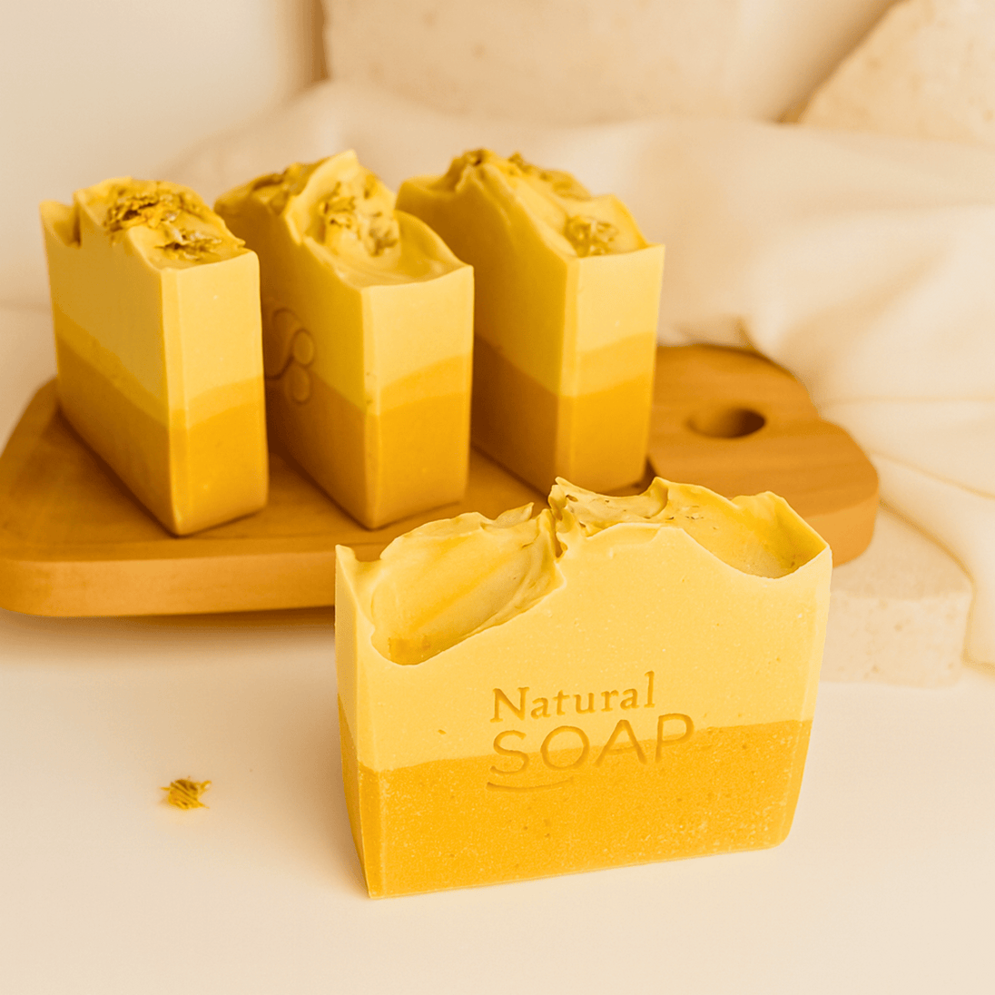 kojic acid and turmeric soap bars on wooden tray against bright light background representing the best in natural skin lightening skincare.