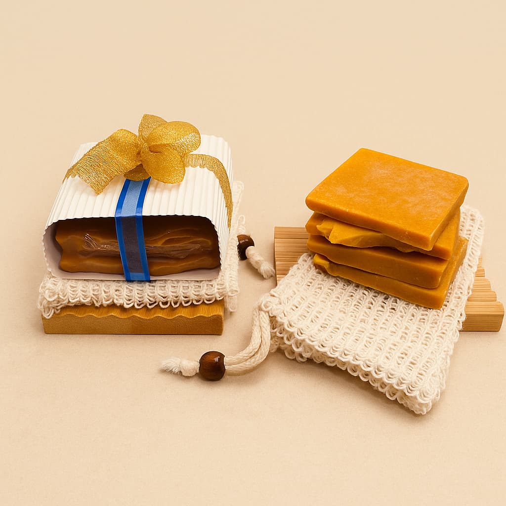 brightening kojic and turmeric soap ends bundle gift packaged with gold ribbon against dark concrete background representing best natural brightening skincare Australian made.