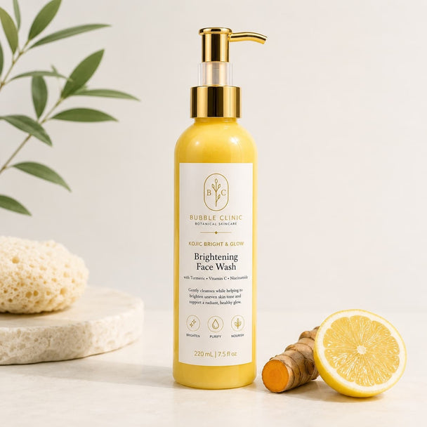 Bubble Clinic Kojic Bright & Glow Brightening Face Wash with Turmeric, Kojic Acid, Vitamin C and Niacinamide in luxury skincare studio photography.