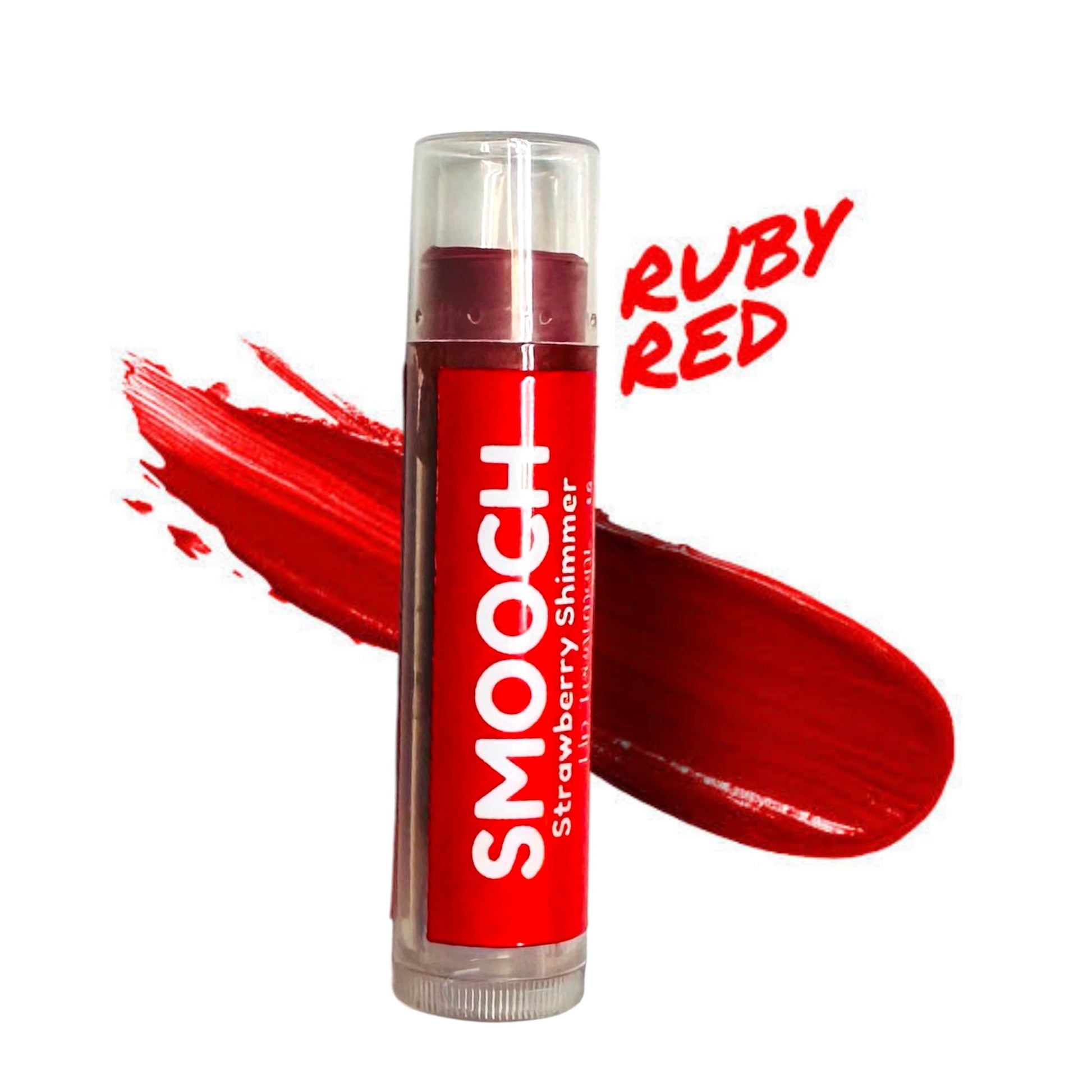 Strawberry lip balm against a white background with a large smear of the balm showing its bright ruby red color and text reading "Ruby Red."