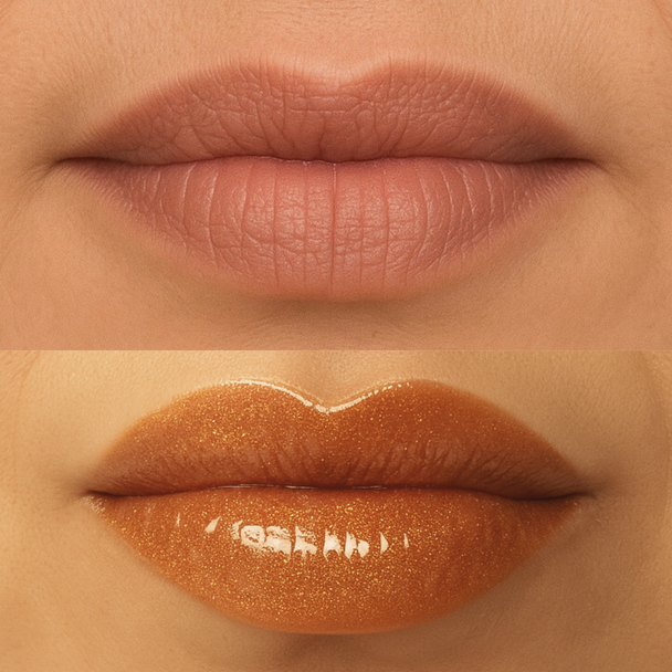 Close-up of lips before and after applying a bronze lip oil revealing non greasy, hydrating, rich texture.