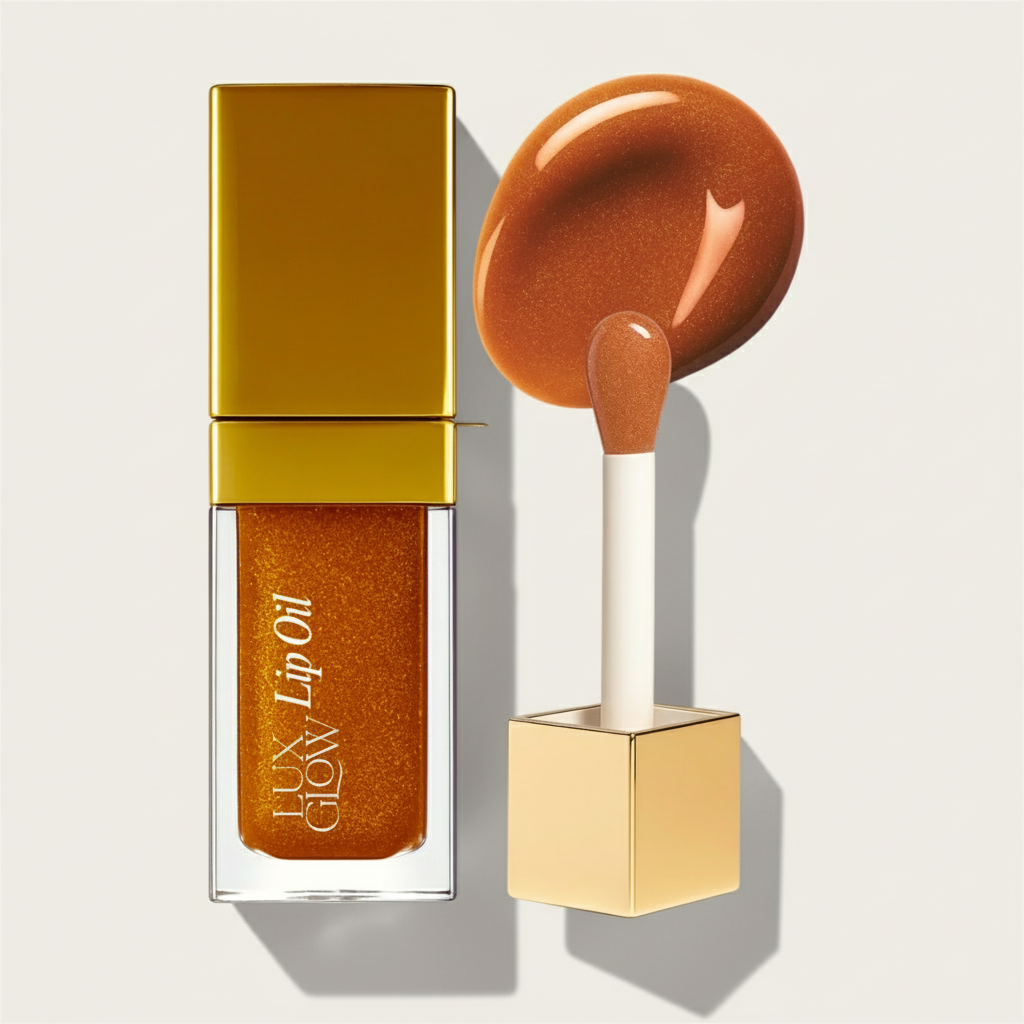 LUX GLOW lip oil with gold cap and applicator and swab on a light gray background representing Australian natural lip oil, vegan, cruelty free, all natural.