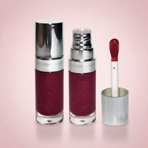 Bottle Hydrating Tinted Lip Oil, Rich Cherry Shimmer on light grey background representing best Australian Made lip oil- Bubble Clinic