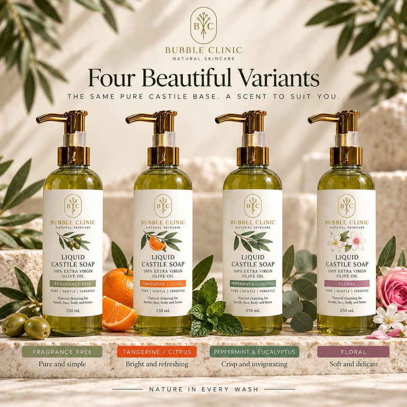 Bubble Clinic liquid Castile soap 250 mL variants made with 100% extra virgin olive oil: fragrance free, tangerine citrus, peppermint eucalyptus and floral