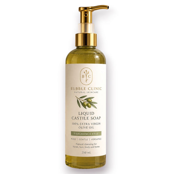 Liquid Castile soap made with 100% Australian extra virgin olive oil, fragrance free, 250 mL