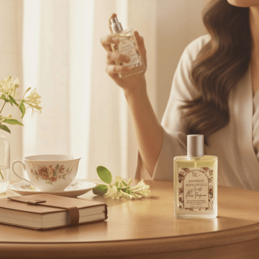Person holding a perfume bottle with a table setting featuring a teacup, notebook, and flowers.