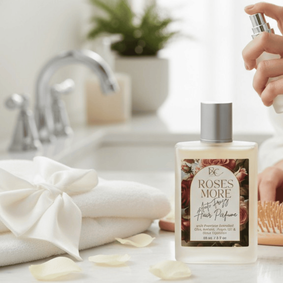 Bottle of 'Roses More' hair perfume with premium essential oils, keratin, Argan Oil and Olive Squalane on a bathroom counter with a hand holding a spray bottle.