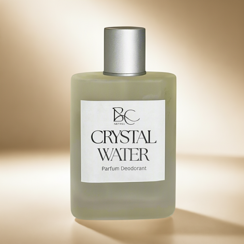 Crystal Water fresh aquatic men’s fragrance bottle with silver cap on a soft grey background