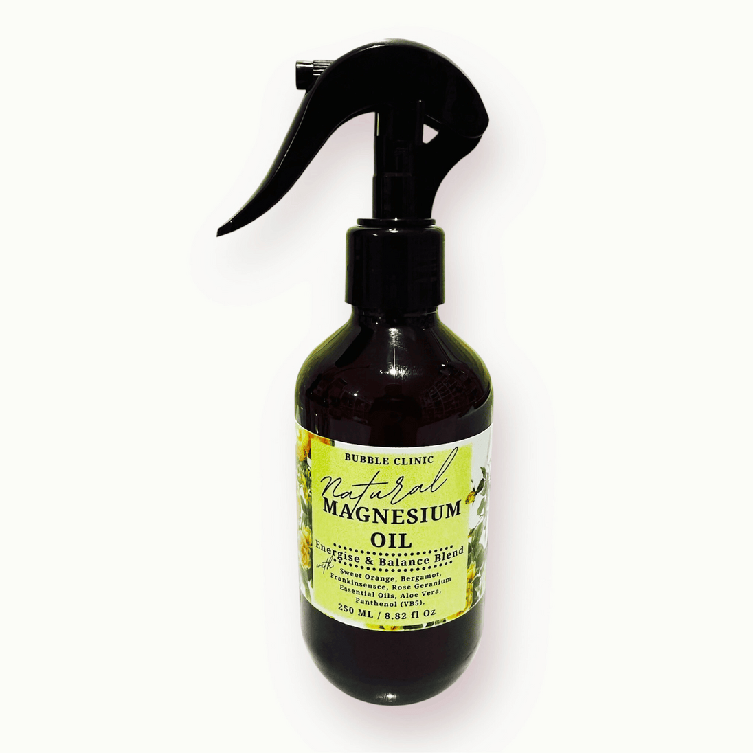 Bottle of natural magnesium oi energise and balance spray with premium blend of essential oilson a white background representing natural Australian Skincare and wellness