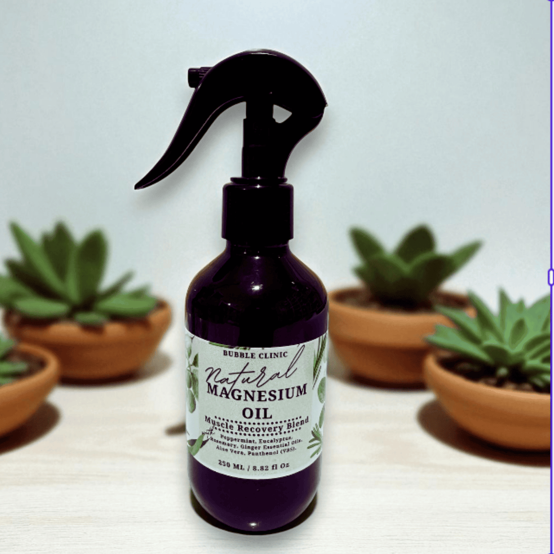 Magnesium Oil Muscle Recovery Spray – cooling peppermint & eucalyptus aromatherapy on a bench with potted plants.