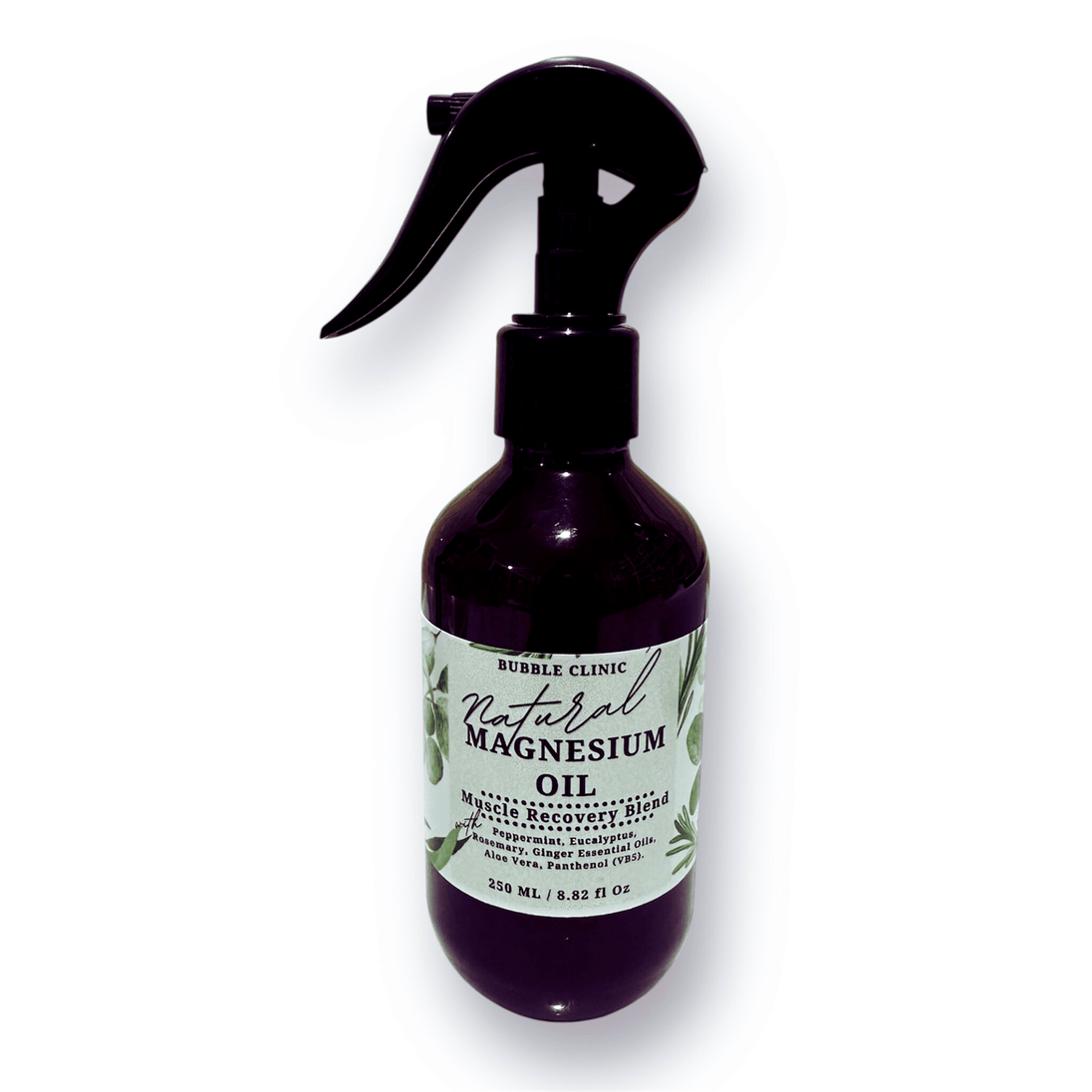 Bottle of natural magnesium oil for muscle relief with cooling peppermint and eucalyptus aromatherapy, cruelty free and Australian Made.