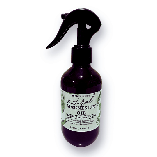 Bottle of natural magnesium oil for muscle relief with cooling peppermint and eucalyptus aromatherapy, cruelty free and Australian Made.
