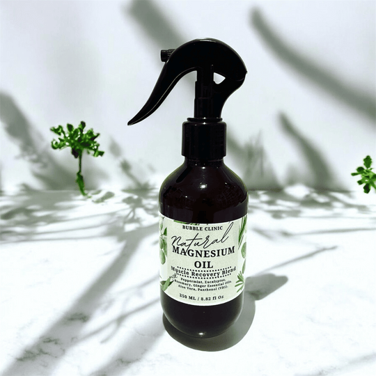 Bottle of natural magnesium oil Magnesium Oil Muscle Recovery Spray – cooling peppermint & eucalyptus aromatherapy with a label on a light background
