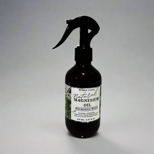 dark bottle of natural magnesium oil with with soothing lavender and chamomile for sleep against white background with shadow reflections from nature representing the best Australian Wellness Care.
