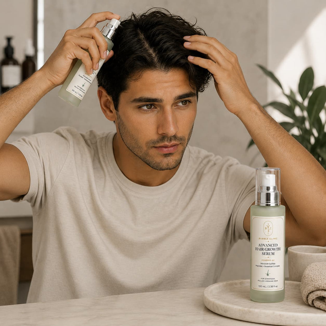 minoxidil hair growth serum being applied by male to hair and scalp representing best hair growth solutions for males australian made.