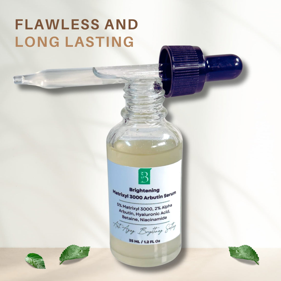 close up of serum bottle with dropper over it revealing light and silky matrixyl 3000 and alpha arbutin serum against white background with botanicals representing natural australian skincare.