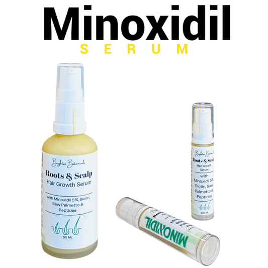 Large and small bottles of Minoxidil Serum against a white background with bold wording 'Minoxidil Serum' above the image