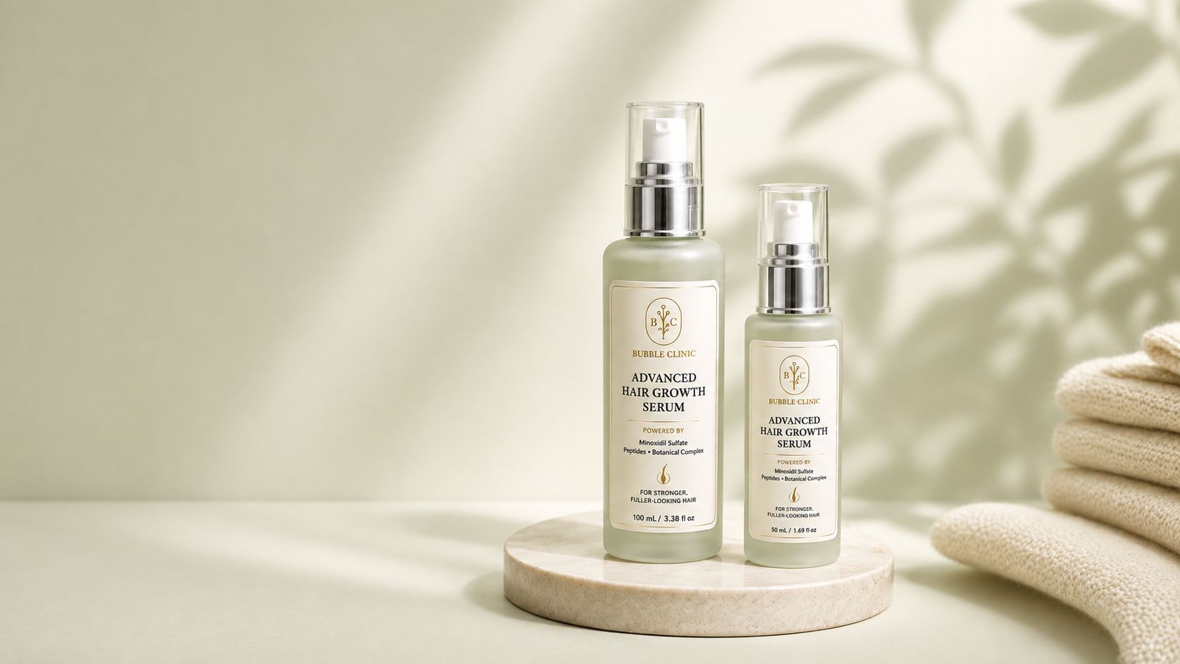Two frosted glass minoxidil hair care serum for thinning hair, powerful hair loss solution packaging with silver pump dispensers, standing on a light stone pedestal against a soft sage green background.