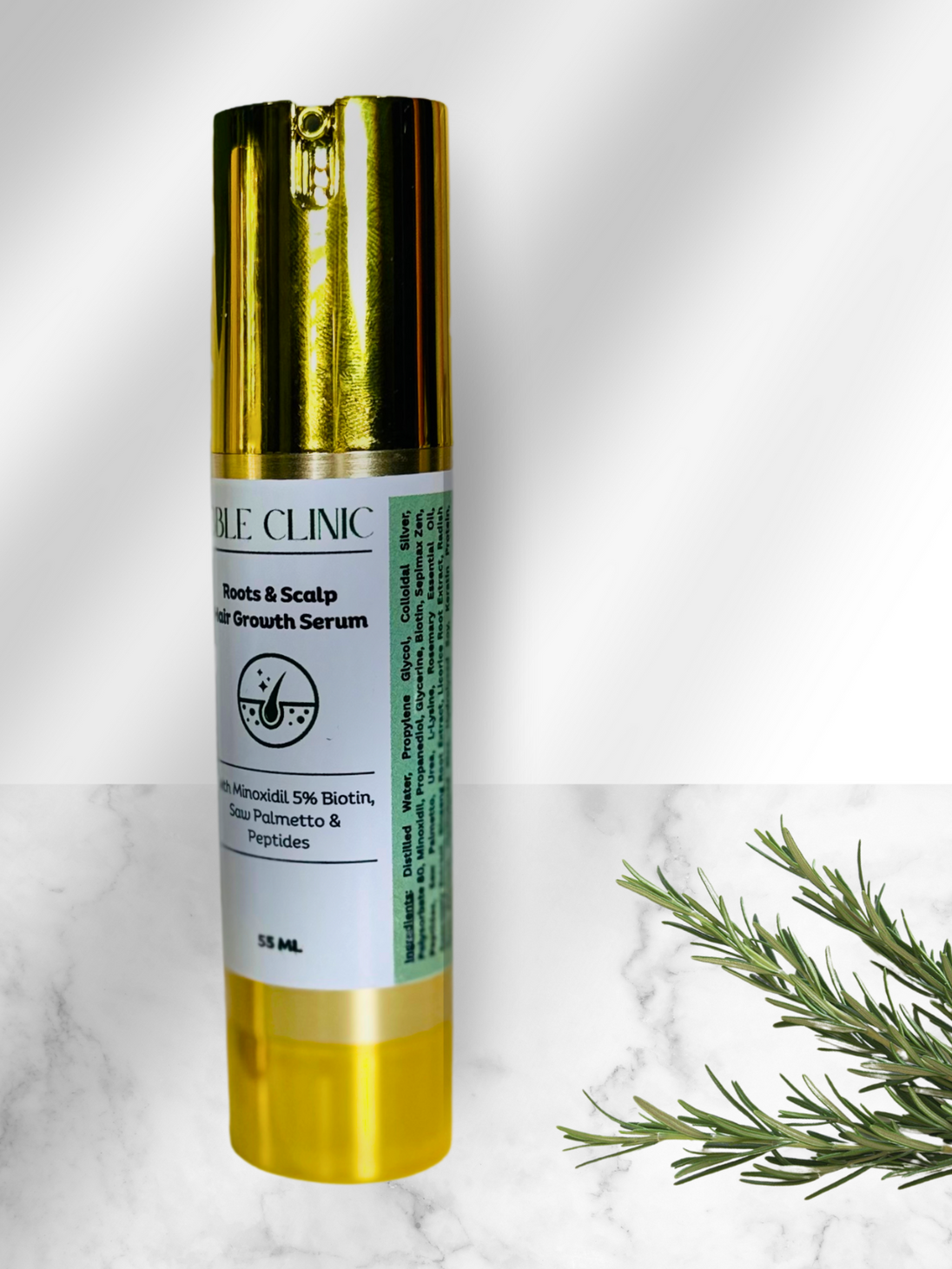 gold bottle of minoxidil hair and scalp serum against white background and rosemary twigs in the foreground representing natural australian hair growth treatments