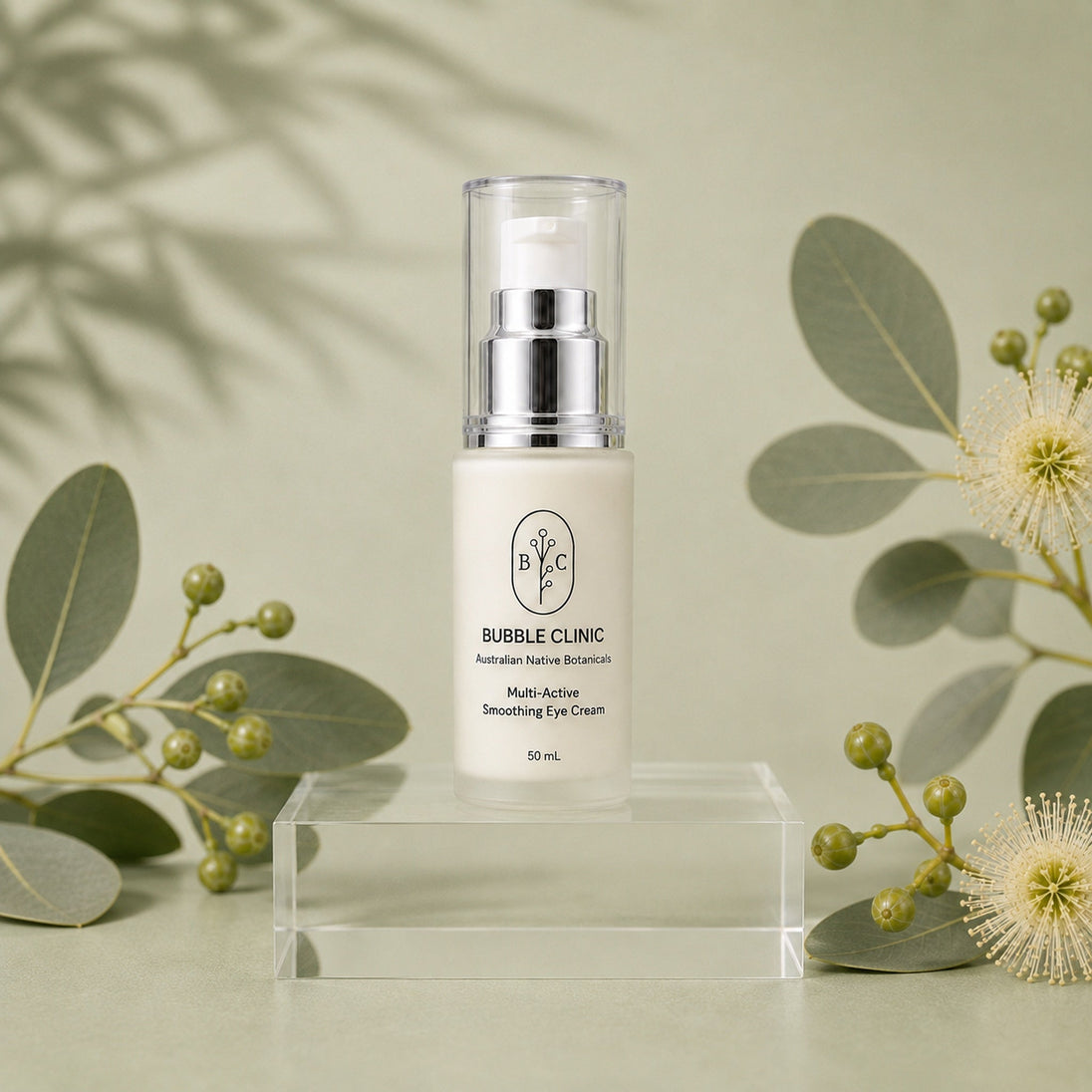 Bubble Clinic Multi-Active Smoothing Eye Cream 50 mL with Australian native botanical styling on a muted sage background
